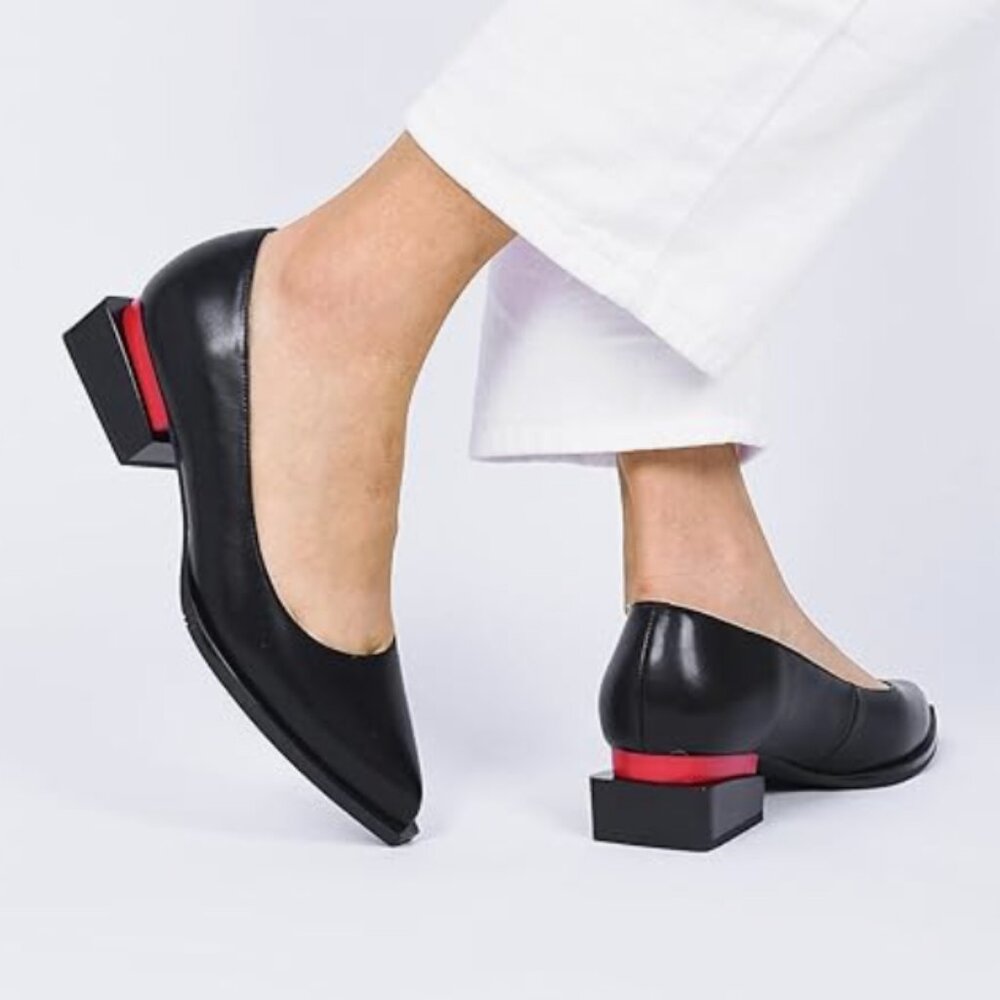 ROTCV Black Mid Low Heels Point Unique Red Accent Square Heel Pumps